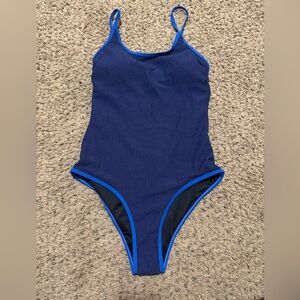 Blue One-Piece Swimsuit with Black Accents